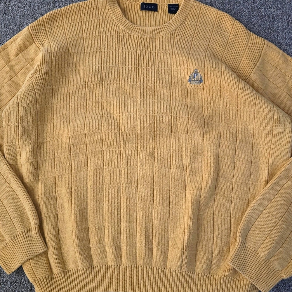 IZOD Vintage Yellow Grandpa Knit Cotton Crest Pullover Sweater Mens L